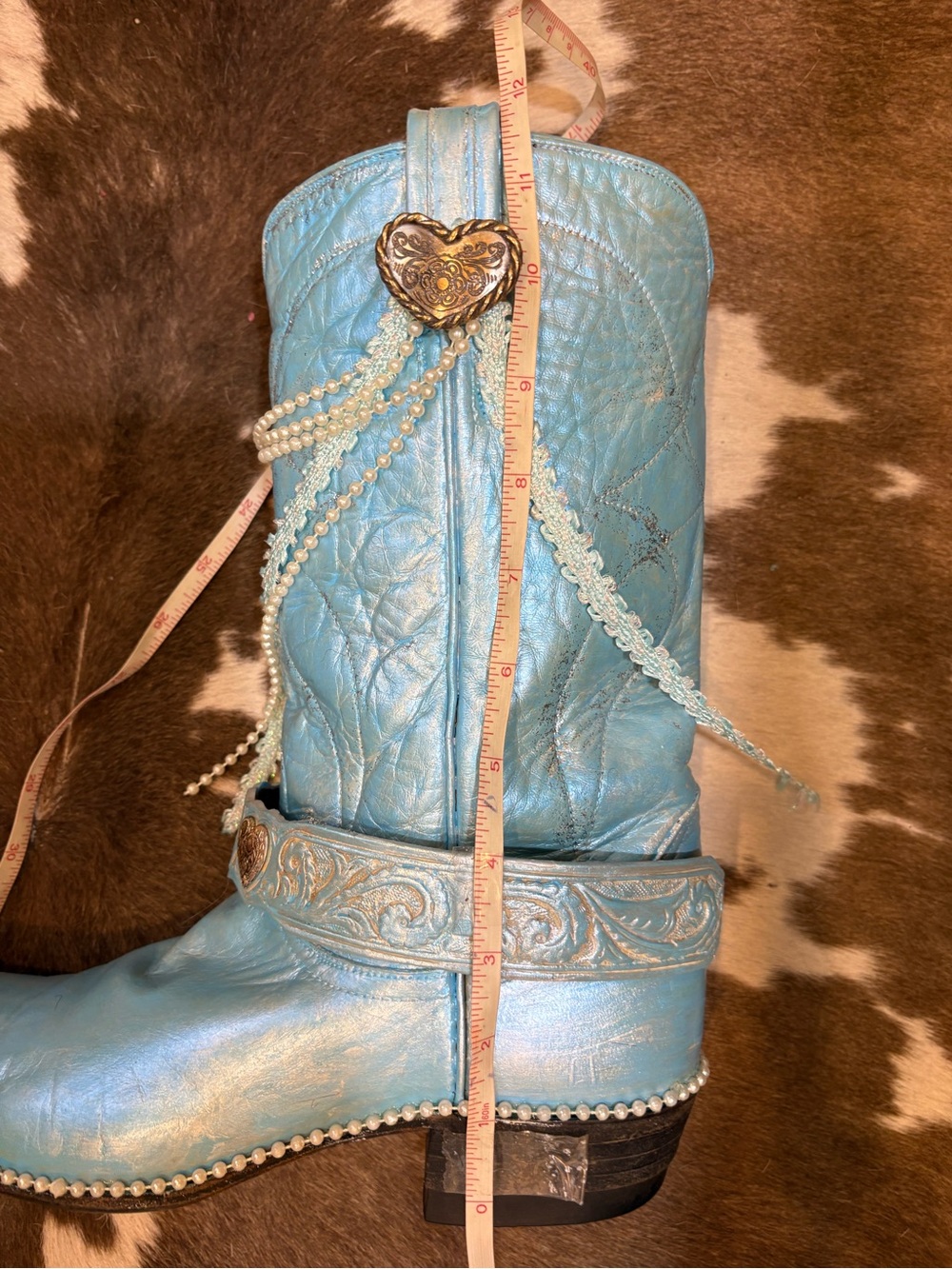 Handcrafted Tony Lama Metallic Light Blue Western Heart Accent Bridal Bling Boot - Picture 12 of 13